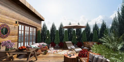 outdoor patio with wooden deck and lounge chairs, designed for relaxation, featuring a rustic style and vibrant plants, showcasing the AR virtual furniture placement feature of Homestyler.