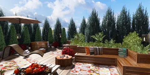 outdoor lounge design showcasing a wooden seating area with colorful cushions and a decorative rug, featuring plants and trees for privacy, utilizing Homestyler's real-time 3D rendering for an immersive design experience.