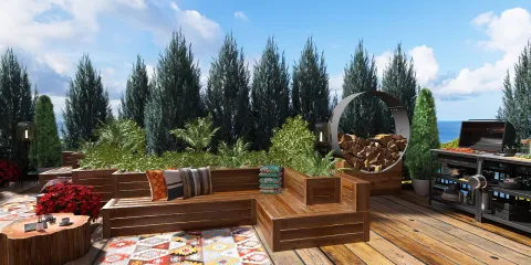 Outdoor seating area featuring a wooden lounge set, designed for relaxation and socializing, with a cozy style and vibrant landscaping, utilizing Homestyler's real-time 3D rendering feature.