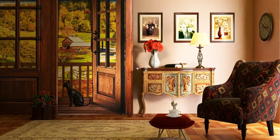 A cozy living room featuring a vintage armchair and decorative console table, showcasing autumn-inspired artwork and a warm ambiance, demonstrating Homestyler's real-time 3D rendering capabilities for interior design.