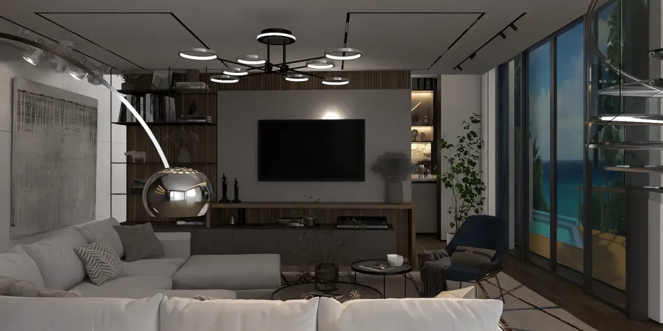 modern living room design featuring smart furniture arrangement with ocean view, utilizing Homestyler's real-time 3D rendering capability for effective space visualization.