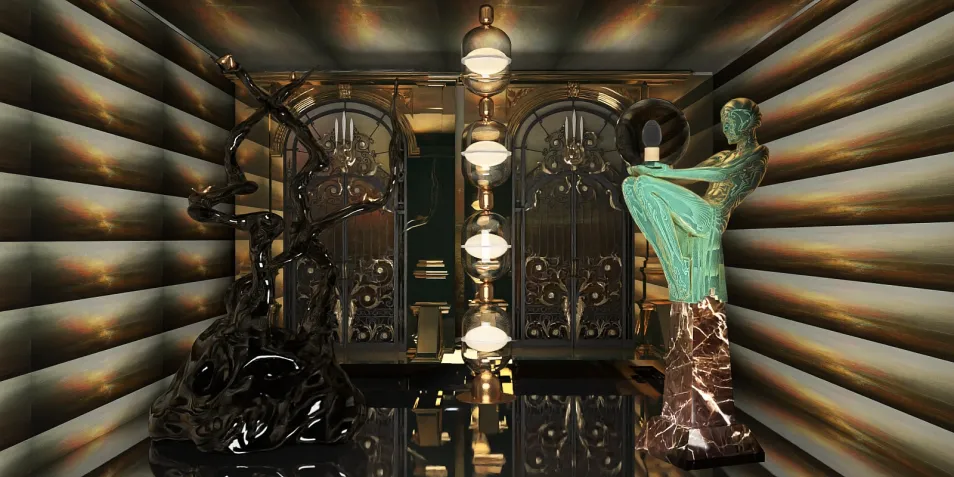 Elegant sculptures displayed in a luxurious hallway design featuring a modern art style, showcasing the use of Homestyler's real-time 3D rendering for effective interior design visualization.