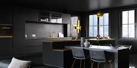 modern kitchen design featuring sleek black cabinets and gold accents, optimizing space with a contemporary aesthetic, showcasing Homestyler's real-time 3D rendering feature.