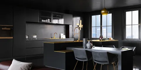 modern kitchen with sleek black cabinetry and gold accents, showcasing 3D interior design rendering capabilities of Homestyler for realistic space visualization.