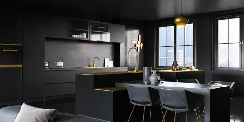 sleek black kitchen featuring modern appliances and elegant lighting, showcasing a contemporary interior design style; incorporates Homestyler's real-time 3D rendering feature for effective design previews.
