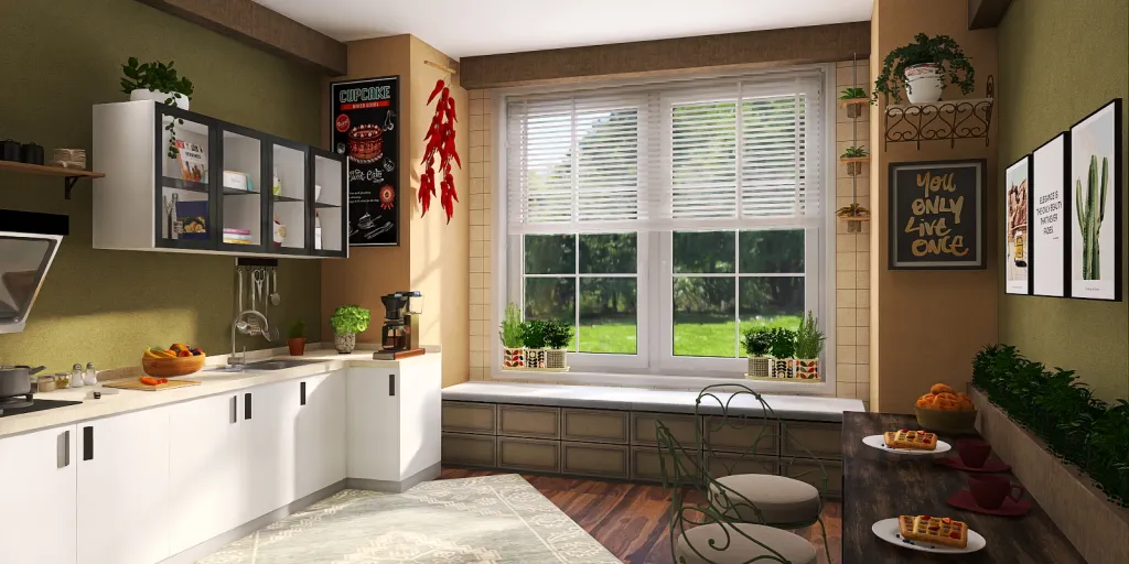 a kitchen with a window and a window blind 