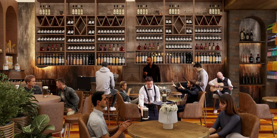 restaurant interior design featuring a wine bar with patrons socializing and enjoying drinks in a cozy atmosphere, showcasing Homestyler's real-time 3D rendering for quick design previews.