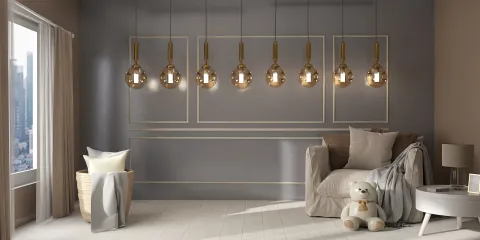 Modern living room with stylish pendant lighting showcasing an elegant design and minimalist aesthetics, emphasizing interior decor using Homestyler's real-time 3D rendering feature.