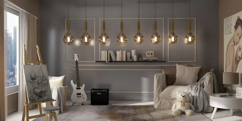 cozy living room with contemporary lighting fixtures creating a warm atmosphere, enhanced by Homestyler's real-time 3D rendering feature for quick design previews