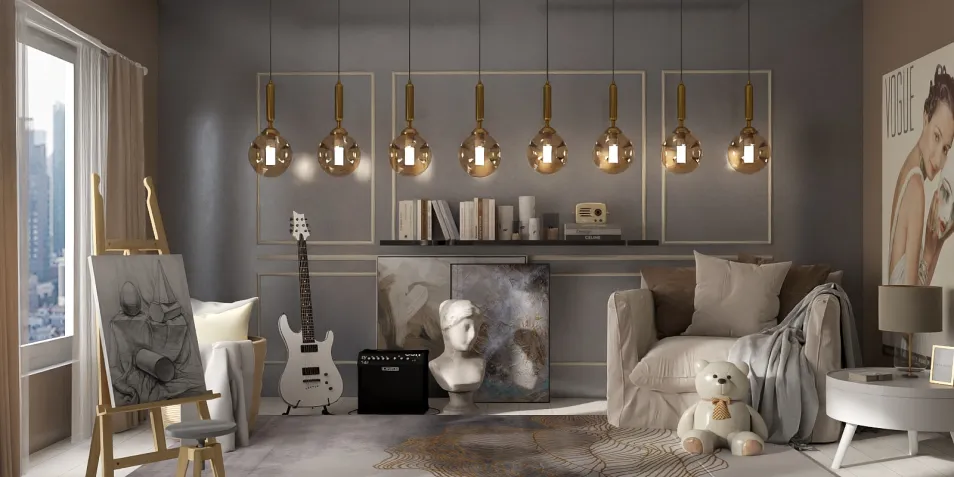 Cozy living room with elegant pendant lights enhancing the space, featuring modern art and furniture arrangements, showcasing interior decor inspiration using Homestyler's real-time 3D rendering.