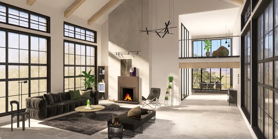 a living room with a large window and a large fireplace 