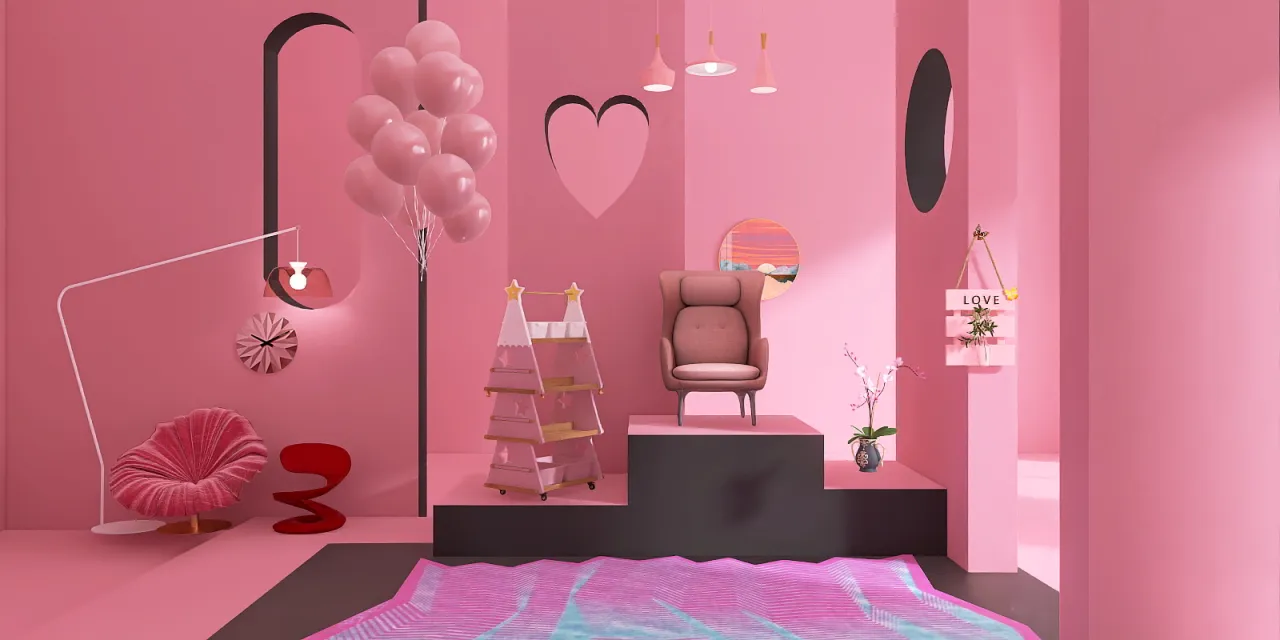 a pink room with a pink bed and a pink dresser 