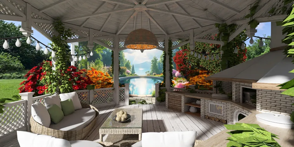 outdoor gazebo with seating arrangement and cooking area overlooking a garden landscape, designed using Homestyler for creating vibrant outdoor spaces.