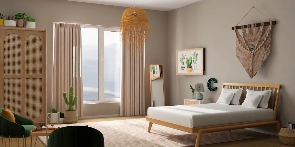 a bedroom with a bed, chair, and a window 