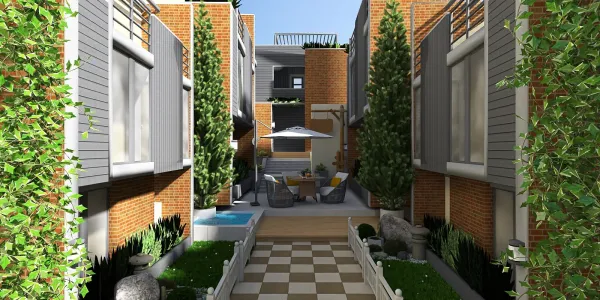 Landscaped courtyard with modern architecture featuring greenery and a swimming pool, creating a relaxing outdoor space, enhanced by Homestyler's real-time 3D rendering capabilities.