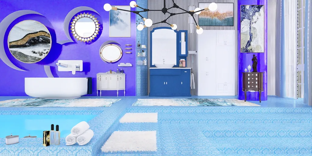 a bathroom with a blue and white clock and a blue and white rug 