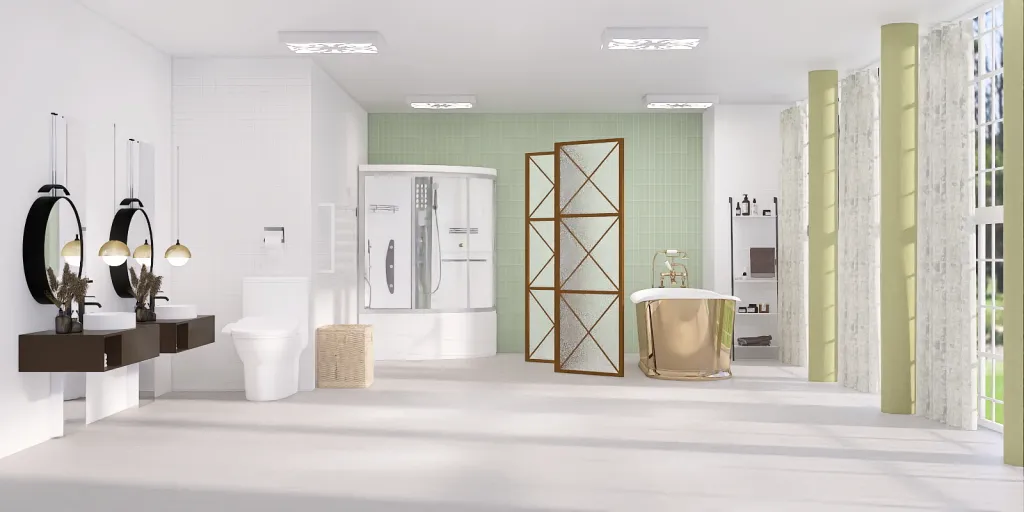 a bathroom with a shower, sink, and mirror 