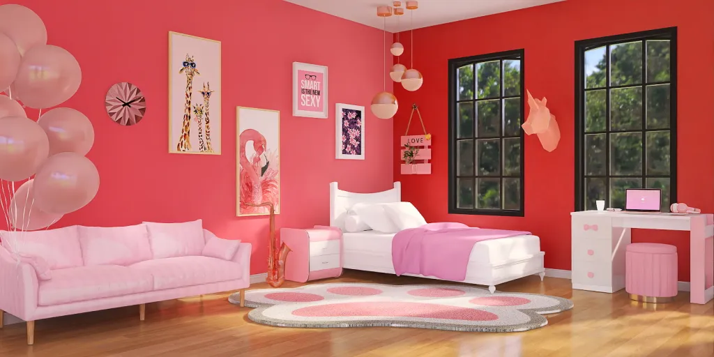 a living room filled with furniture and a red wall 
