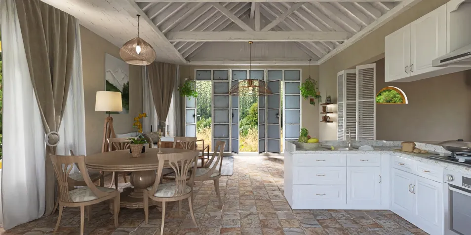 Modern kitchen design showcasing a spacious dining area with a round table, featuring elegant furnishings and bright natural lighting, enhancing the open-concept living space, utilizing Homestyler's smart furniture arrangement feature.