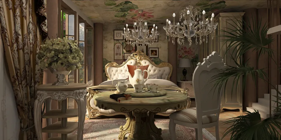 luxurious bedroom with elegant chandelier and vintage decor featuring a round coffee table and ornate bed, showcasing interior design using Homestyler's real-time 3D rendering feature for realistic visualization.