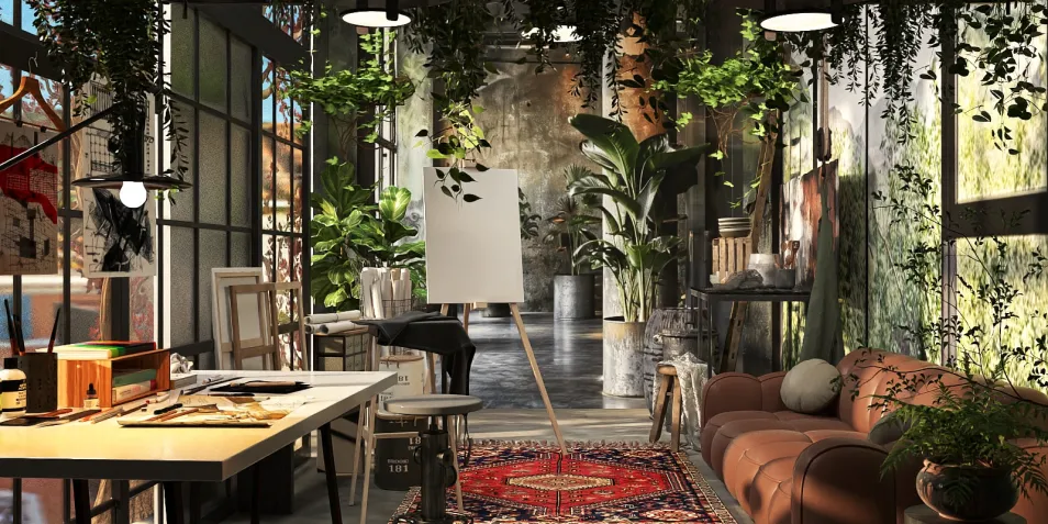 art studio interior design showcasing a creative workspace with natural greenery and an eclectic style using Homestyler's real-time 3D rendering feature