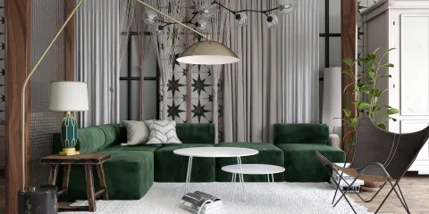 modern living room with green sectional sofa and white coffee tables showcasing cozy interior design featuring Homestyler's real-time 3D rendering for fast design previews