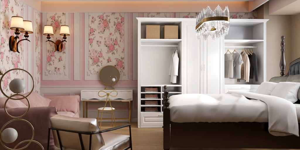 a bedroom with a bed, dresser, and a lamp 