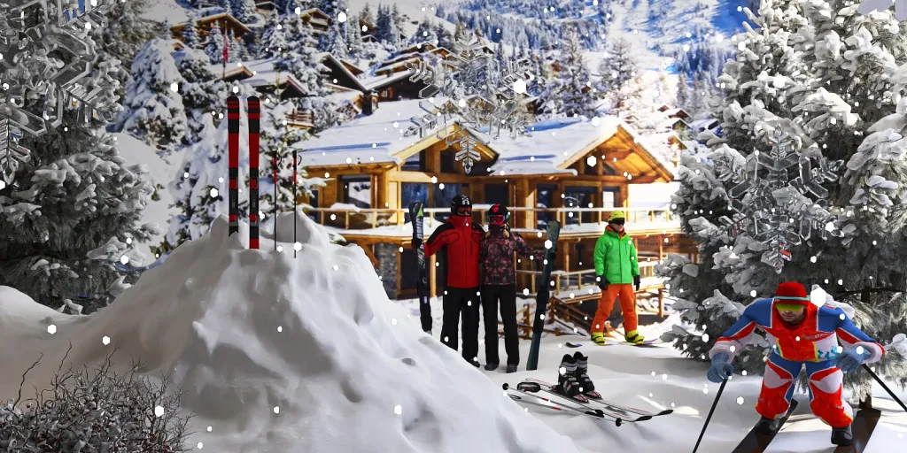 a ski resort with a couple of skiers on the slopes 