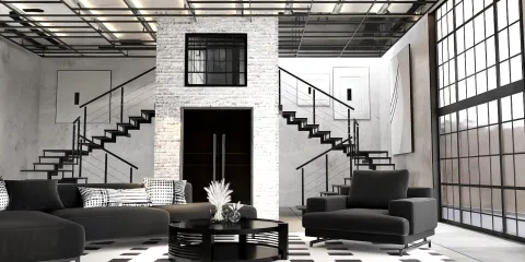 modern living room featuring a spacious design with a stylish black sofa arrangement and a dramatic staircase, showcasing industrial style and optimizing space through intelligent furniture layout with Homestyler's real-time 3D rendering.