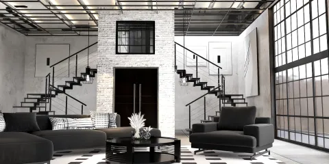 modern living room with 3D furniture layout optimizing space featuring a stylish black and white design utilizing Homestyler's real-time 3D rendering functionality