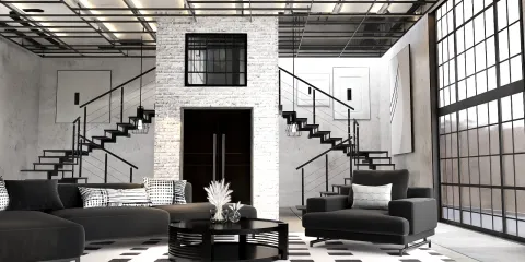 modern living room with black furniture and stylish decor featuring an elegant staircase and large windows, showcasing interior design optimization through Homestyler's real-time 3D rendering feature