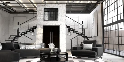 modern living room with stylish furniture arranging in an open space design showcasing industrial style and maximizing natural light featuring Homestyler's real-time 3D rendering capabilities