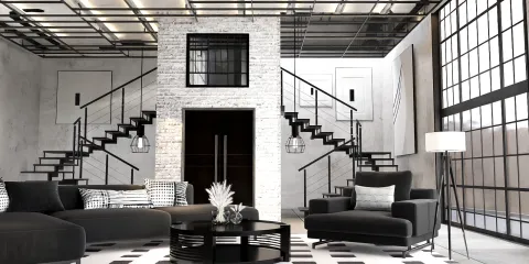 modern living room featuring a monochrome color scheme and open staircase design, showcasing interior decor ideas with Homestyler's real-time 3D rendering feature.