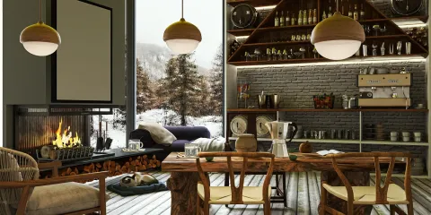 Cozy dining area featuring a wooden table and chairs, showcasing a rustic style complemented by a modern fireplace and open shelving displaying kitchenware, optimized using Homestyler's real-time 3D rendering for seamless design visualization.