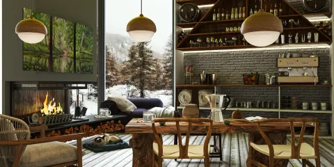 cozy dining area showcasing rustic furniture arrangement with wooden table and chairs, complemented by a stylish design displaying a modern farmhouse aesthetic, utilizing Homestyler's real-time 3D rendering feature for an accurate interior decor visualization.