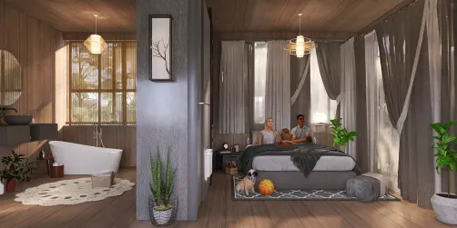 wooden bedroom and bathroom 