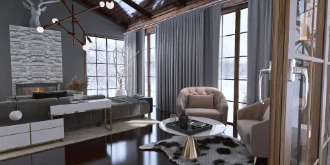 modern living room with elegant furniture arrangement featuring a cozy sofa and stylish armchair in a rustic cabin style, showcasing interior decor design with Homestyler's real-time 3D rendering functionality.