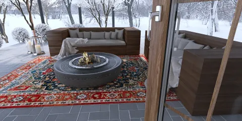 outdoor seating arrangement with a cozy fire pit and traditional rug, creating a warm ambiance in a winter scene, featuring Homestyler's real-time 3D rendering for design preview