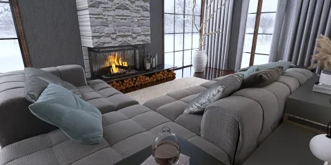 modern sofa arrangement warming up a cozy living room with a stone fireplace in a contemporary style, featuring Homestyler's real-time 3D rendering for immersive design preview
