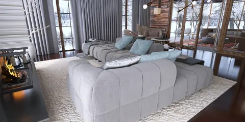 cozy living room with a plush sofa arranged in a contemporary style featuring a fireplace and large windows, highlighting the interior decor with Homestyler's real-time 3D rendering capability.