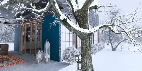 A cozy winter retreat featuring a glass-fronted house, surrounded by snow-covered trees, showcasing a modern design style emphasizing outdoor connection, enhanced by Homestyler's real-time 3D rendering capabilities.