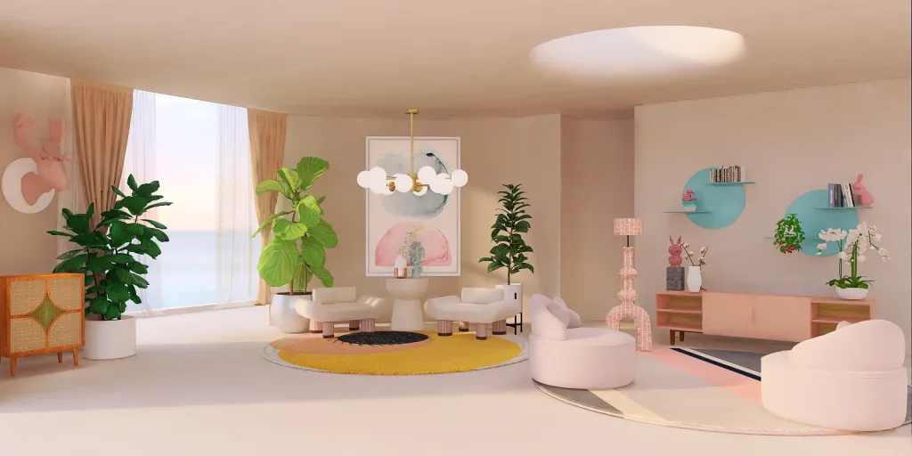 a living room with a pink wall and a pink table 