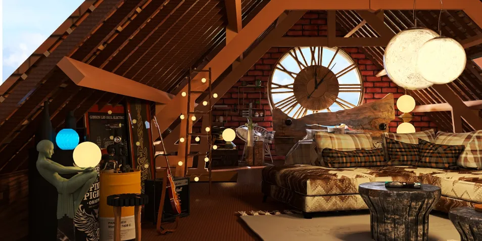 Cozy bedroom interior featuring warm lighting and a vintage clock, designed in a rustic style with wooden beams and brick accents, showcasing Homestyler's real-time 3D rendering for immersive design previews.