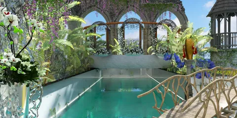 luxurious swimming pool design featuring lush greenery and decorative arches in a tropical style, enhancing outdoor living space with Homestyler's 3D rendering feature