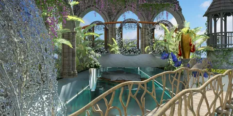 A serene outdoor space featuring a bridge over a tranquil pool with lush greenery and floral accents, showcasing the beauty of garden design in a natural setting, created using Homestyler's real-time 3D rendering feature.