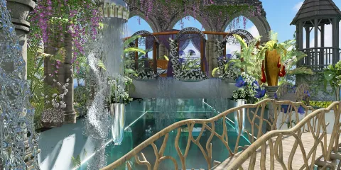 a beautiful garden with lush greenery and a serene water feature showcasing a tropical paradise style, highlighting the benefits of interior design using Homestyler's real-time 3D rendering for immersive preview