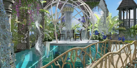 lush garden with decorative water feature and seating arrangement, showcasing an elegant outdoor design style in a tropical space; featuring Homestyler's real-time 3D rendering for detailed visualization.
