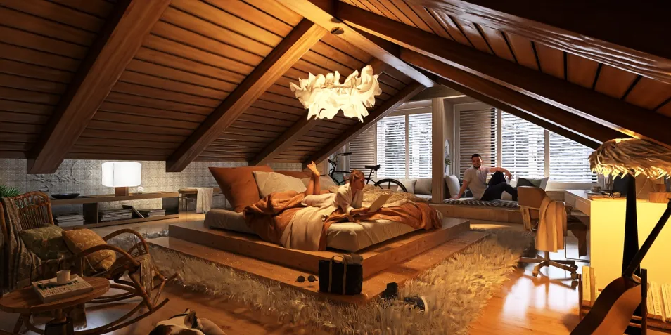 Cozy bedroom featuring a comfortable bed and rustic decor, designed with a warm, inviting style, showcasing Homestyler's real-time 3D rendering for a realistic home design experience.