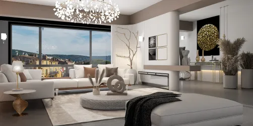 modern living room design showcasing a spacious layout with elegant furnishings and a minimalist style, featuring a large window view, optimized using Homestyler's real-time 3D rendering for effective design presentation.