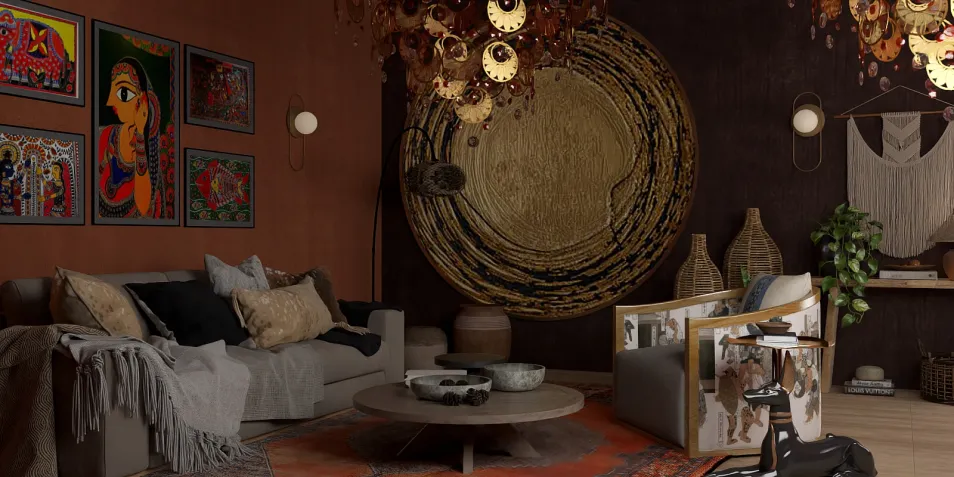 living room with culturally inspired art and decorative lighting, showcasing a warm earthy style, enhancing interior decor with Homestyler's real-time 3D rendering feature.